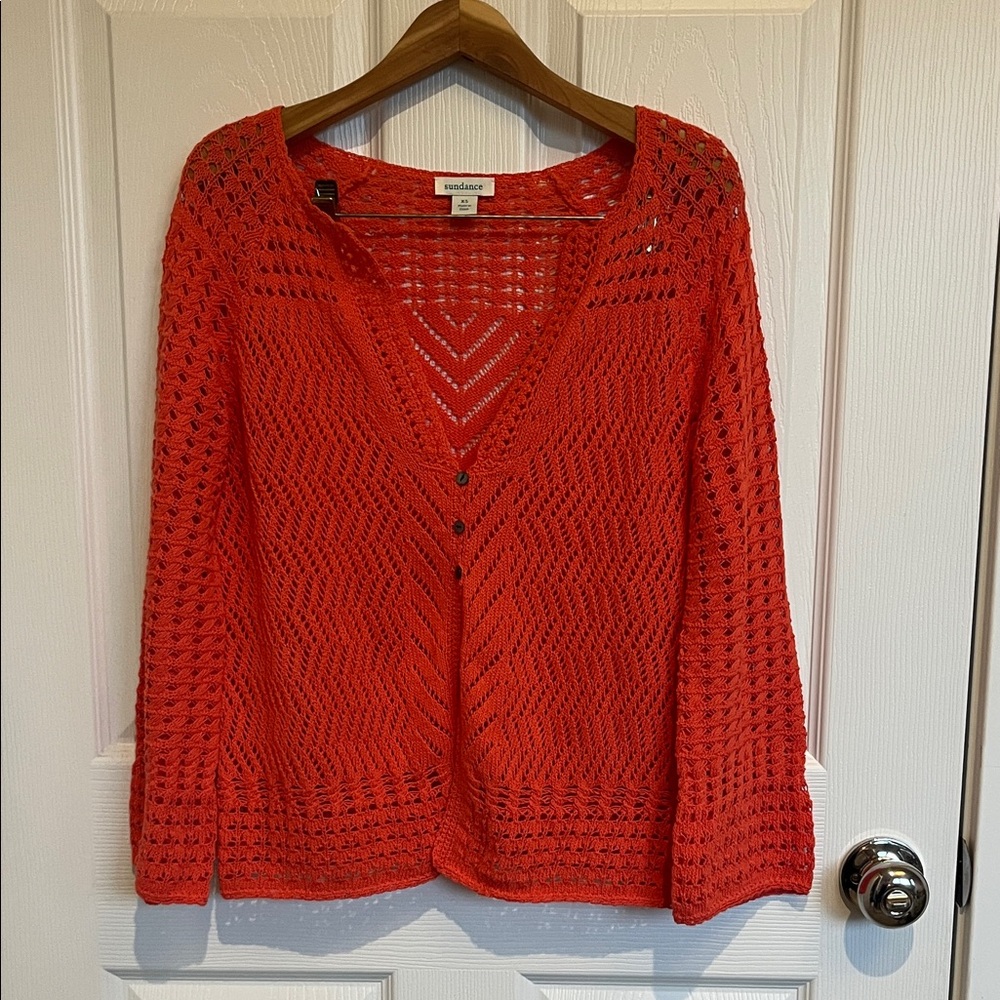 Sundance Red V-Neck Open-Knit Sweater